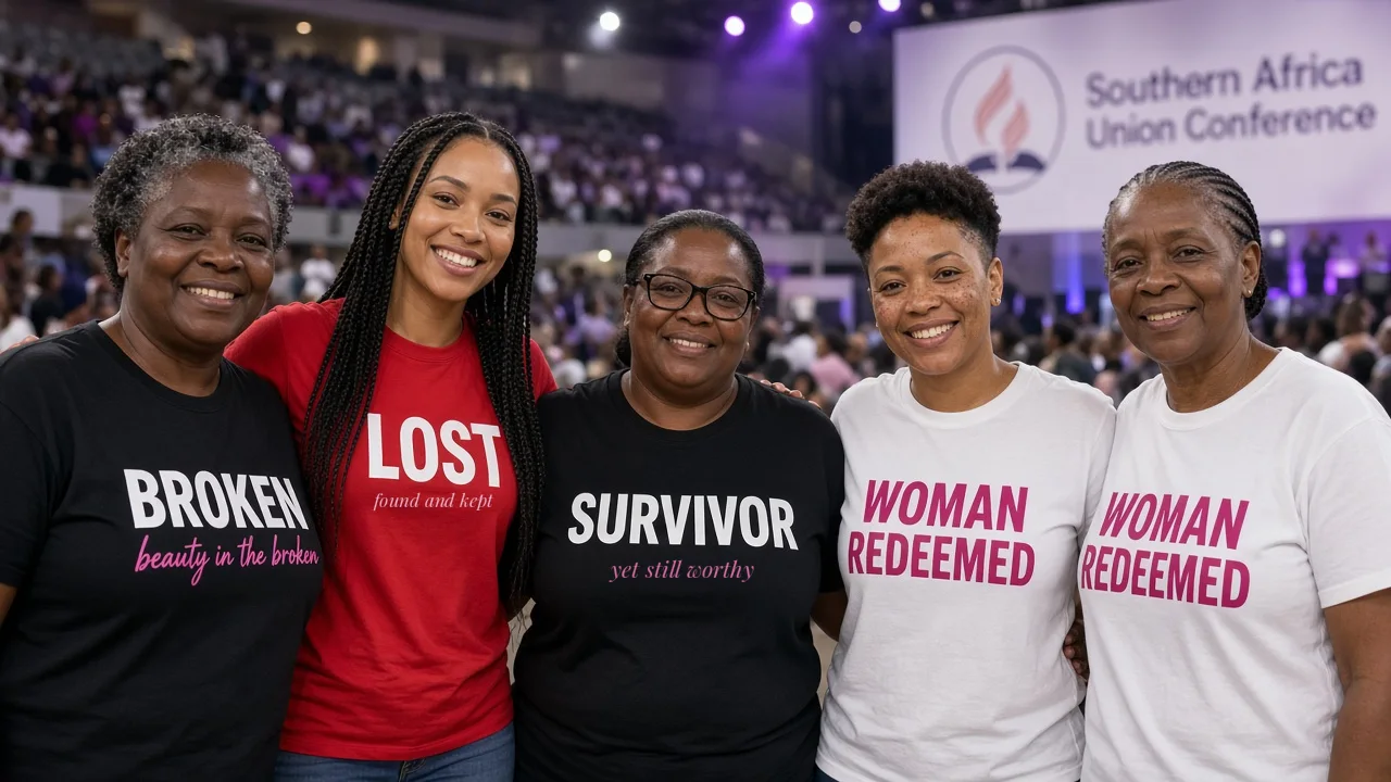 Women wearing BROKEN, LOST, SURVIVOR and WOMAN REDEEMED shirts at the Southern Africa Union Conference