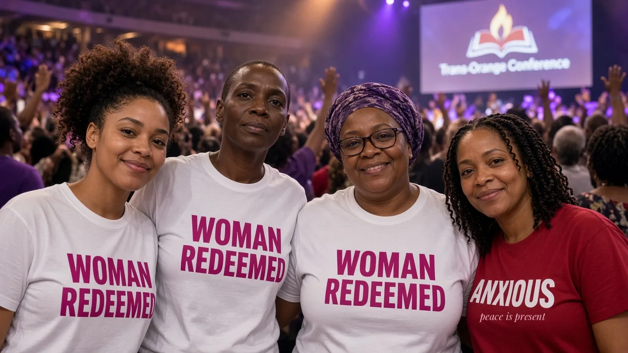 Women wearing WOMAN REDEEMED and ANXIOUS shirts at the Trans-Orange Conference